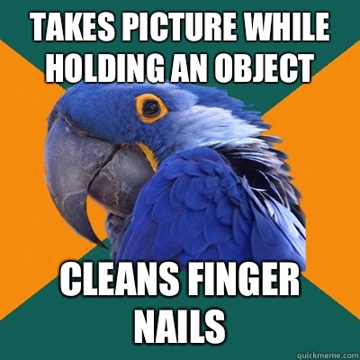 Takes picture while holding an object Cleans finger nails  Paranoid Parrot