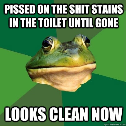 Pissed on the shit stains in the toilet until gone Looks clean now  Foul Bachelor Frog