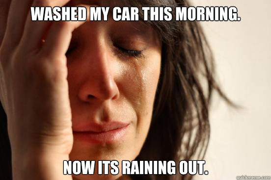 washed my car this morning. Now its raining out.  First World Problems