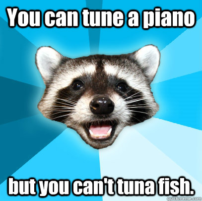 You can tune a piano but you can't tuna fish.  Lame Pun Coon