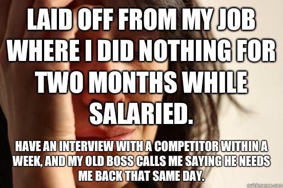 Laid off from my job where I did nothing for two months while salaried. Have an interview with a competitor within a week, and my old boss calls me saying he needs me back that same day.  First World Problems