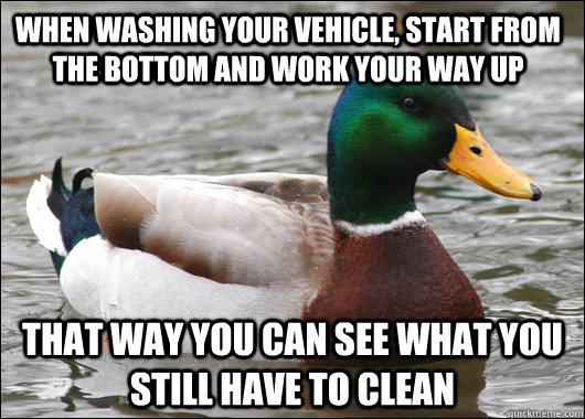 when washing your vehicle, start from the bottom and work your way up that way you can see what you still have to clean  Actual Advice Mallard