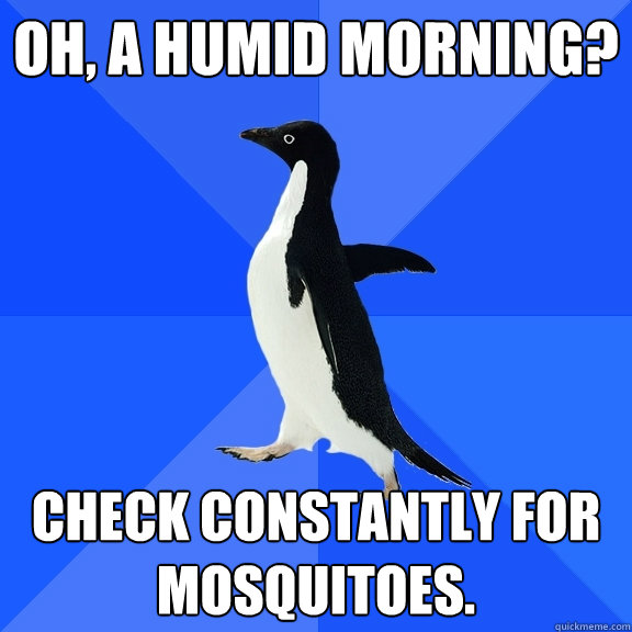 Oh, a humid morning? check constantly for mosquitoes.  Socially Awkward Penguin