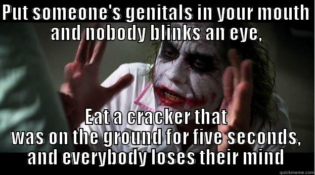 PUT SOMEONE'S GENITALS IN YOUR MOUTH AND NOBODY BLINKS AN EYE, EAT A CRACKER THAT WAS ON THE GROUND FOR FIVE SECONDS, AND EVERYBODY LOSES THEIR MIND Joker Mind Loss