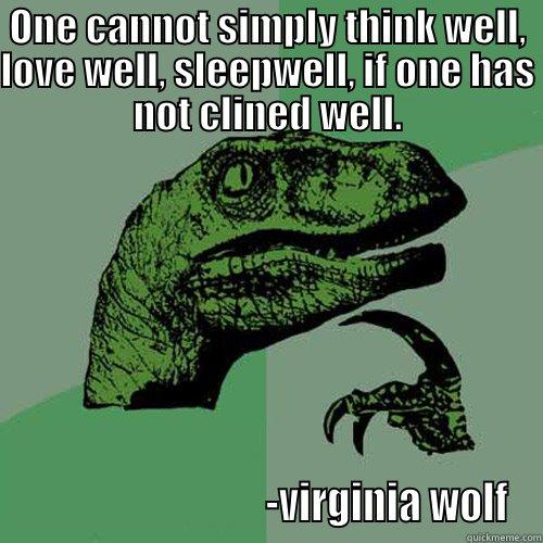 ONE CANNOT SIMPLY THINK WELL, LOVE WELL, SLEEPWELL, IF ONE HAS NOT CLINED WELL.                               -VIRGINIA WOLF Philosoraptor