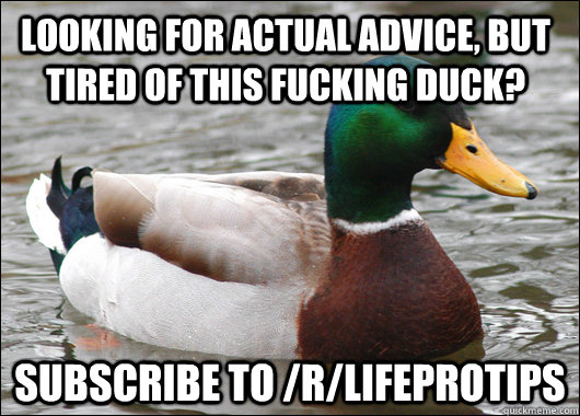 Looking for actual advice, but tired of this fucking duck? Subscribe to /r/lifeprotips  Actual Advice Mallard