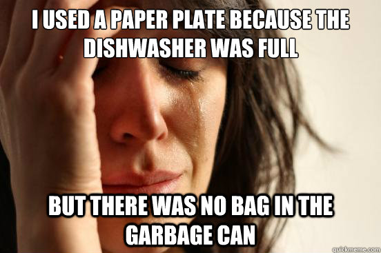 I used a paper plate because the dishwasher was full but there was no bag in the garbage can  First World Problems