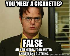 FALSE All you need is food, water,
shelter and clothing.

 you 'need' a cigarette? - FALSE All you need is food, water,
shelter and clothing.

 you 'need' a cigarette?  Misc