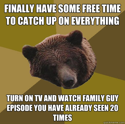 finally have some free time to catch up on everything turn on tv and watch family guy episode you have already seen 20 times  Lazy Bachelor Bear