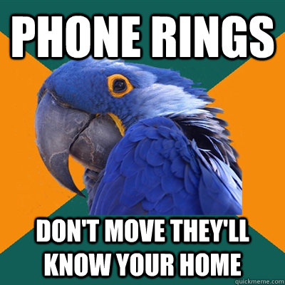 Phone Rings Don't move they'll know your home  Paranoid Parrot