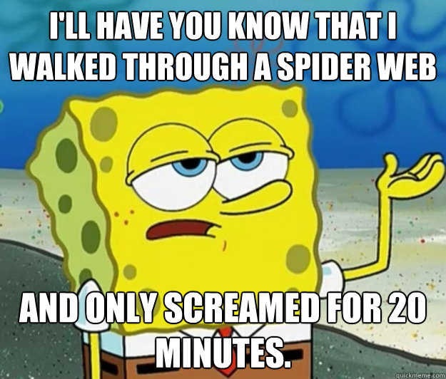 I'll have you know that I walked through a spider web And only screamed for 20 minutes. - I'll have you know that I walked through a spider web And only screamed for 20 minutes.  Tough Spongebob