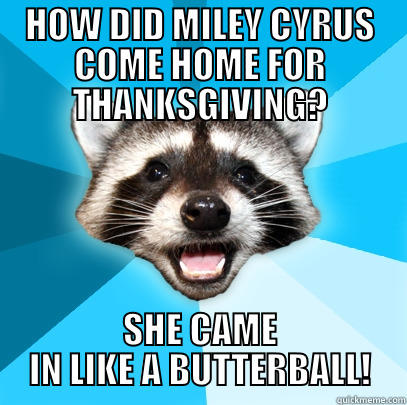 Miley Thanksgiving - HOW DID MILEY CYRUS COME HOME FOR THANKSGIVING? SHE CAME IN LIKE A BUTTERBALL! Lame Pun Coon