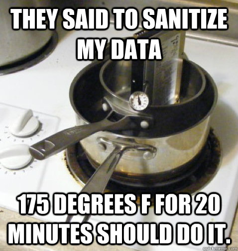 They said to sanitize my data 175 degrees F for 20 minutes should do it. - They said to sanitize my data 175 degrees F for 20 minutes should do it.  sanitize data