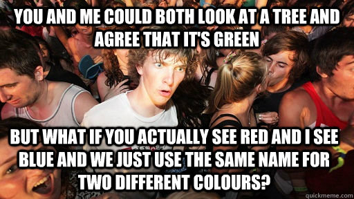 you and me could both look at a tree and agree that it's green but what if you actually see red and i see blue and we just use the same name for two different colours? - you and me could both look at a tree and agree that it's green but what if you actually see red and i see blue and we just use the same name for two different colours?  Misc