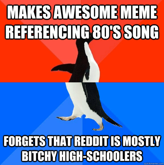 Makes awesome meme referencing 80's song forgets that reddit is mostly bitchy high-schoolers  Socially Awesome Awkward Penguin