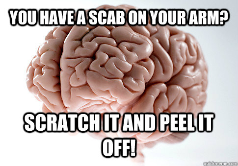 You have a scab on your arm? Scratch it and peel it off!  Get the [AdviceAnimals Chrome extension!](http://www.livememe.com/extension)  Scumbag Brain