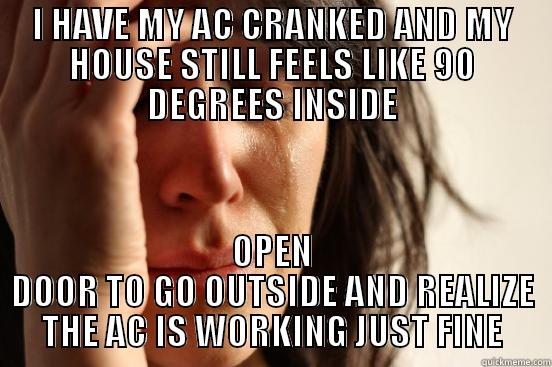 I HAVE MY AC CRANKED AND MY HOUSE STILL FEELS LIKE 90 DEGREES INSIDE OPEN DOOR TO GO OUTSIDE AND REALIZE THE AC IS WORKING JUST FINE First World Problems