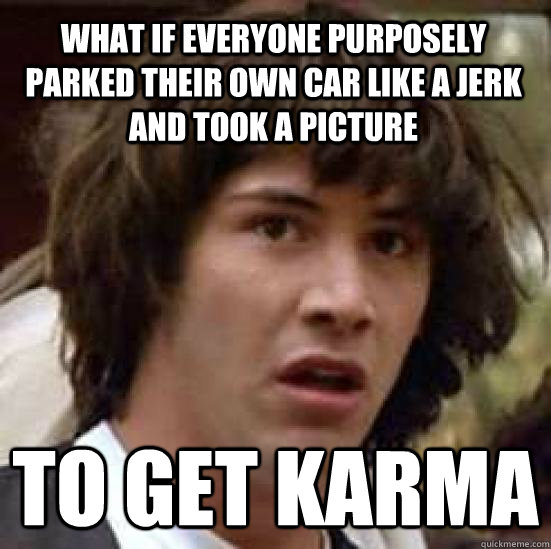 what if everyone purposely parked their own car like a jerk and took a picture to get karma  conspiracy keanu