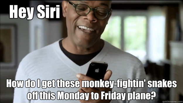 Hey Siri How do I get these monkey-fightin' snakes off this Monday to Friday plane?
  samuel l jackson talks to siri