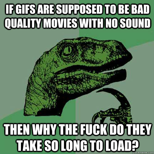 If GIFs are supposed to be bad quality movies with no sound then why the fuck do they take so long to load? - If GIFs are supposed to be bad quality movies with no sound then why the fuck do they take so long to load?  Philosoraptor