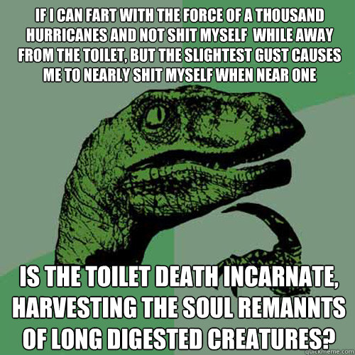 if i can fart with the force of a thousand hurricanes and not shit myself  while away from the toilet, but the slightest gust causes me to nearly shit myself when near one is the toilet death incarnate, harvesting the soul remannts of long digested creatu  Philosoraptor