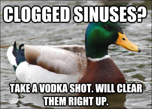 Clogged Sinuses? Take a Vodka shot. Will clear them right up.  Actual Advice Mallard