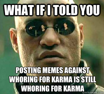 What if I told you posting memes against whoring for karma is still whoring for karma  What if I told you