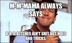 M-m-mama always says B-b-b-bitches ain't shit but hoes and tricks.  Waterboy