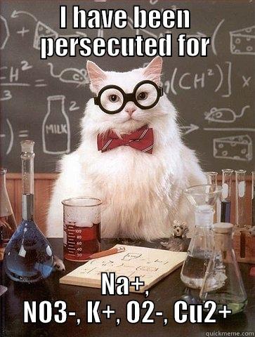 I HAVE BEEN PERSECUTED FOR NA+,  NO3-, K+, O2-, CU2+ Chemistry Cat