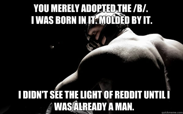 You merely adopted the /b/.
 I was born in it. molded by it. I didn't see the light of reddit until I was already a man.  