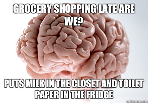 Grocery shopping late are we? Puts milk in the closet and toilet paper in the fridge  ScumbagBrain