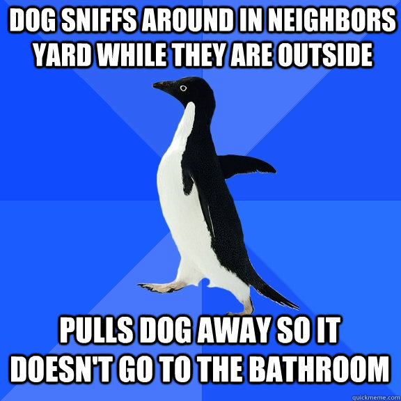 dog sniffs around in neighbors yard while they are outside pulls dog away so it doesn't go to the bathroom  Socially Awkward Penguin