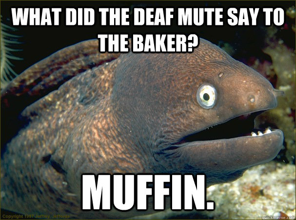 What did the deaf mute say to the baker?  Muffin.  Bad Joke Eel