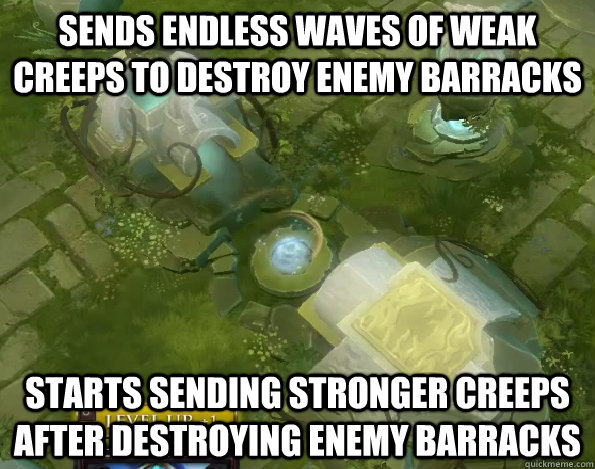 Sends endless waves of weak creeps to destroy enemy barracks Starts sending stronger creeps after destroying enemy barracks  