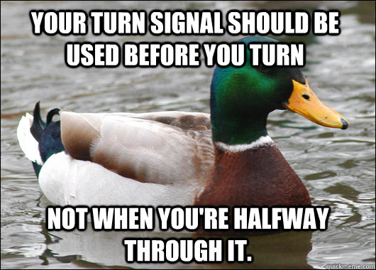 Your turn signal should be used before you turn Not when you're halfway through it. - Your turn signal should be used before you turn Not when you're halfway through it.  Actual Advice Mallard