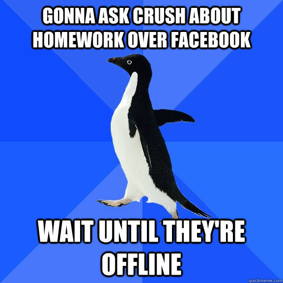 gonna ask crush about homework over Facebook wait until they're offline  Socially Awkward Penguin