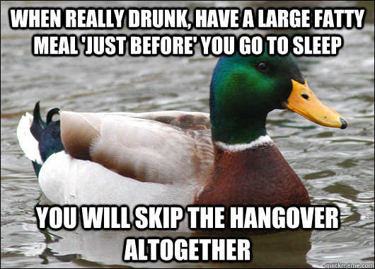 when really drunk, have a large fatty meal 'just before' you go to sleep you will skip the hangover altogether  Actual Advice Mallard