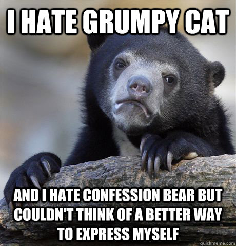 I hate grumpy cat And I hate confession bear but couldn't think of a better way to express myself  Confession Bear