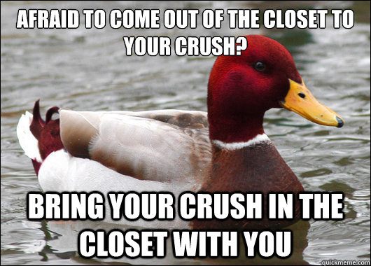afraid to come out of the closet to your crush?
 bring your crush in the closet with you  Malicious Advice Mallard