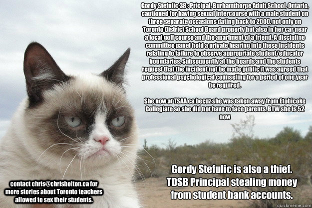 Gordy Stefulic 38 : Pricipal, Burhamthorpe Adult School, Ontario, cautioned for having sexual intercourse with a male student on three separate occasions dating back to 2000, not only on Toronto District School Board property but also in her car near a lo  Grump Cat