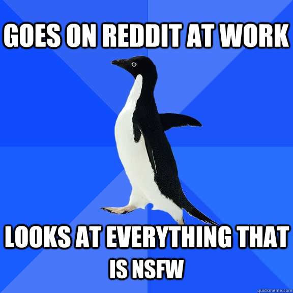 Goes on Reddit at work  Looks at everything that is NSFW  Socially Awkward Penguin
