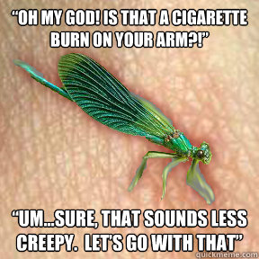 “Oh My God! Is that a cigarette burn on your arm?!” “Um…sure, that sounds less creepy.  Let’s go with that”  Derma Dragonfly