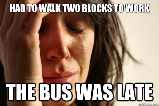 Had to walk two blocks to work the bus was late  First World Problems
