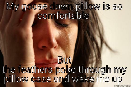 MY GOOSE DOWN PILLOW IS SO COMFORTABLE  BUT THE FEATHERS POKE THROUGH MY PILLOW CASE AND WAKE ME UP  First World Problems