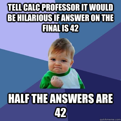 Tell calc professor it would be hilarious if answer on the final is 42 Half the answers are 42  Success Kid