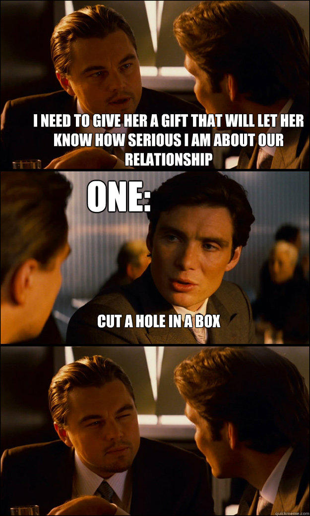 I need to give her a gift that will let her know how serious i am about our relationship ONE: Cut a hole in a box - I need to give her a gift that will let her know how serious i am about our relationship ONE: Cut a hole in a box  Inception