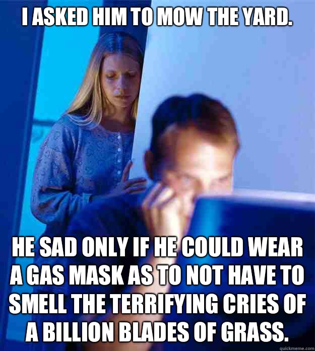 I asked him to mow the yard. He sad only if he could wear a gas mask as to not have to smell the terrifying cries of a billion blades of grass.  Redditors Wife