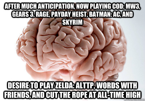 After much anticipation, now playing CoD: MW3, Gears 3, RAGE, PayDay Heist, Batman: AC, and Skyrim desire to play Zelda: ALttP, words with friends, and cut the rope at all-time high  Scumbag Brain