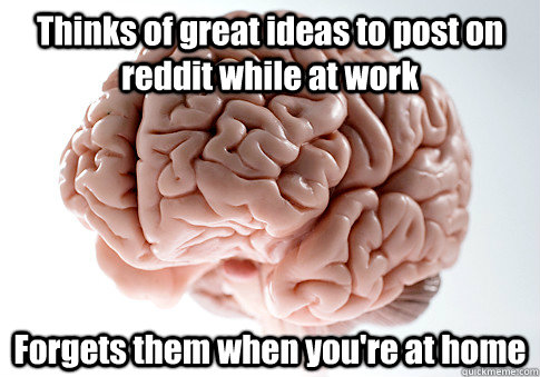 Thinks of great ideas to post on reddit while at work Forgets them when you're at home  Scumbag Brain