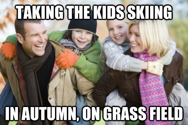 taking the kids skiing in autumn, on grass field - taking the kids skiing in autumn, on grass field  Misc